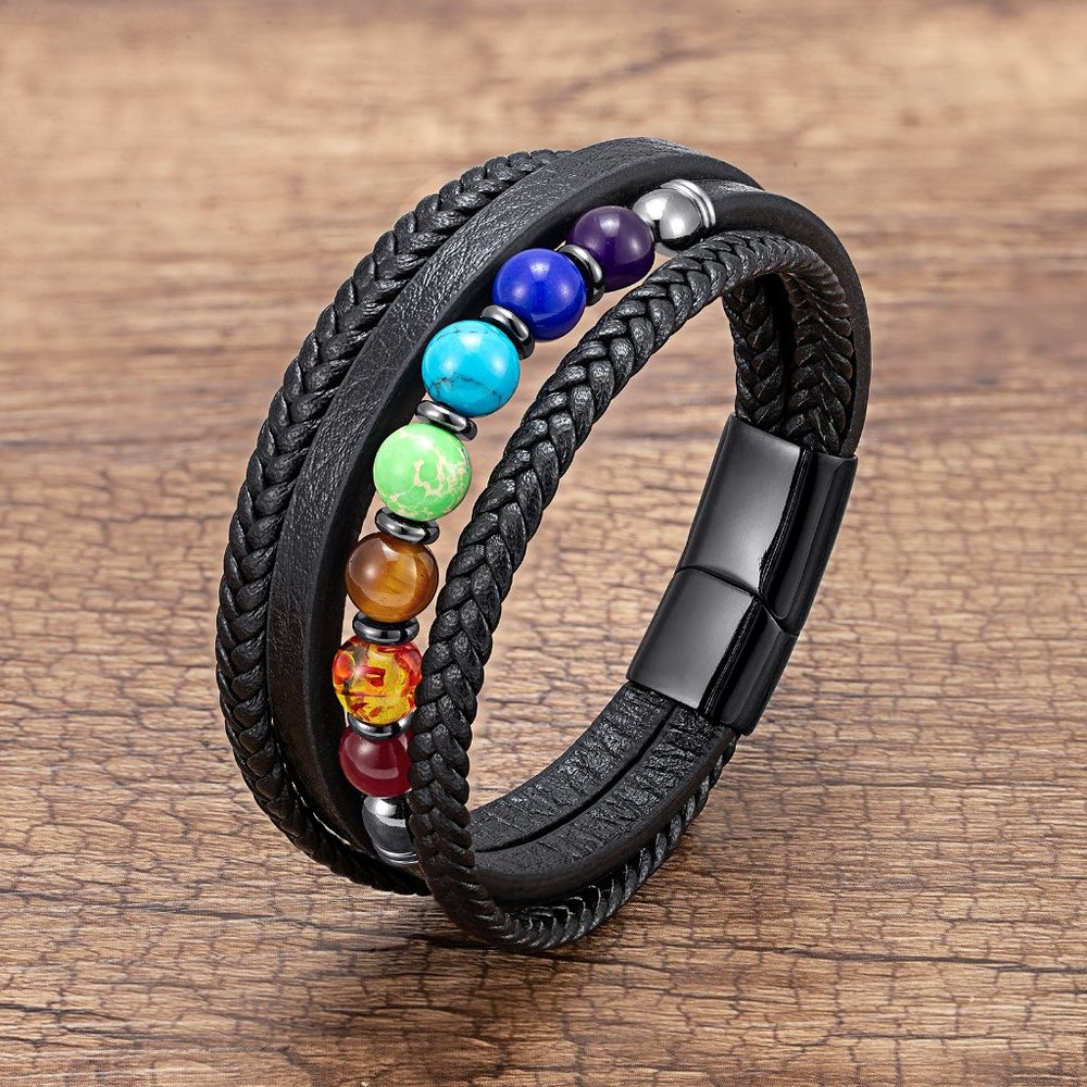 Natural Stone Men's Leather Braided Bracelet Bangle Magnetic Clasp - 4 Strands